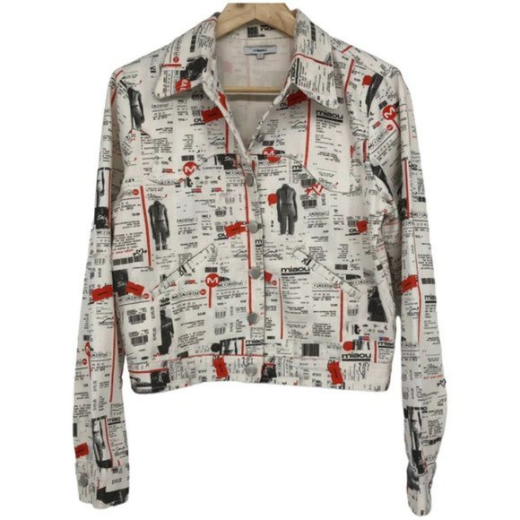 Miaou White Red Newsprint Denim cropped Jacket button front Lottery Ticket Multi - Picture 3 of 16